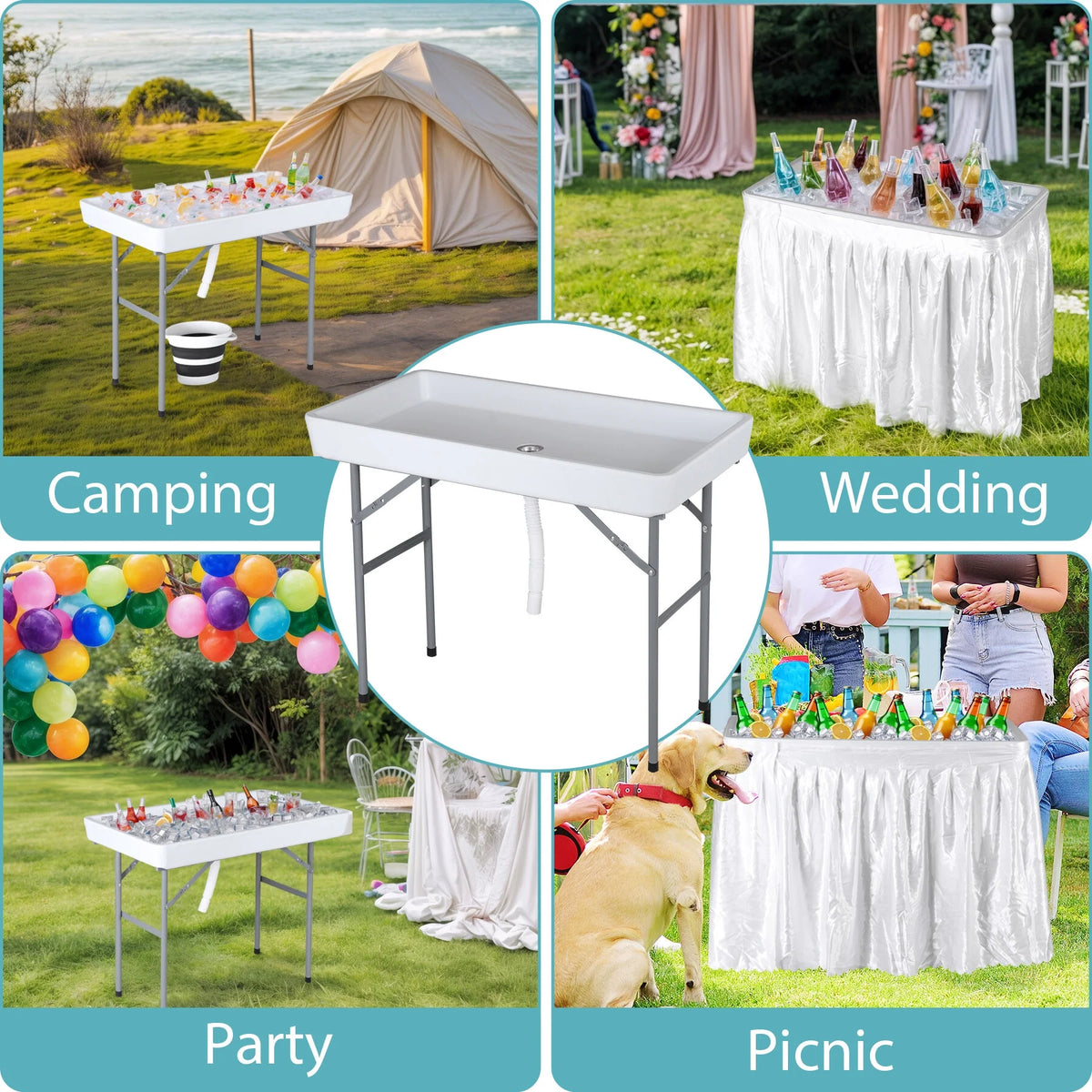 Homgarden Party Ice Cooler Table Folding Chill Table W/Skirt & Drain Hose & Bucket for Picnic Indoor Outdoor
