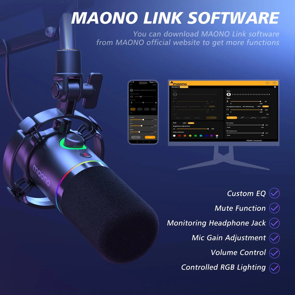 MAONO XLR/USB Dynamic Microphone Kit. RGB Podcast Mic