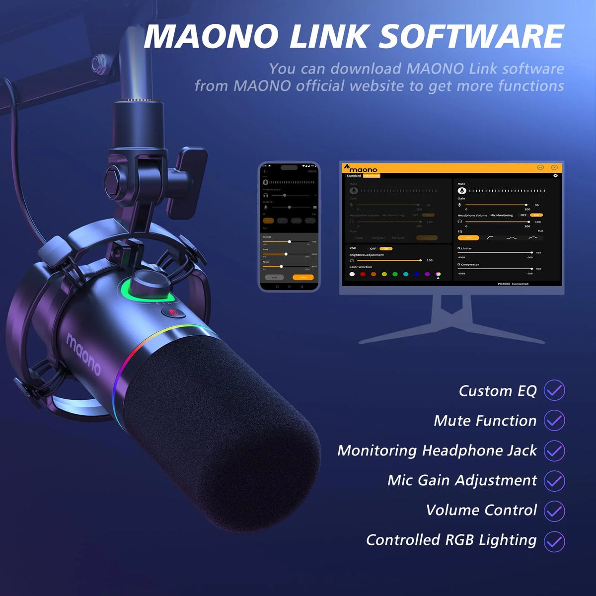 MAONO XLR/USB Dynamic Microphone Kit. RGB Podcast Mic
