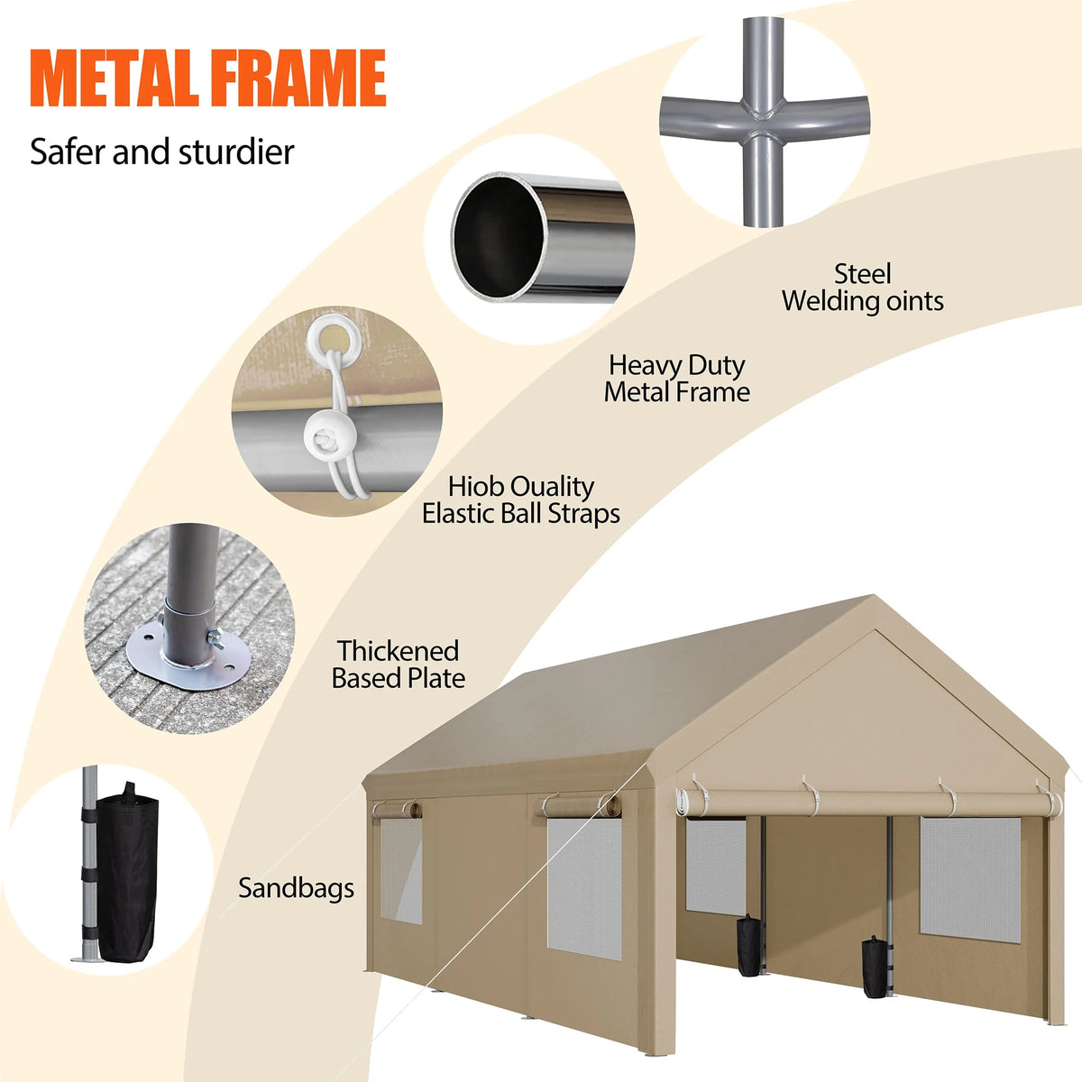 Walsunny 12x20 Ft Carport with 4 Sandbags Heavy Duty Canopy with Roll - up Windows Portable Garage with Removable Sidewalls & Doors Car Canopy Khaki