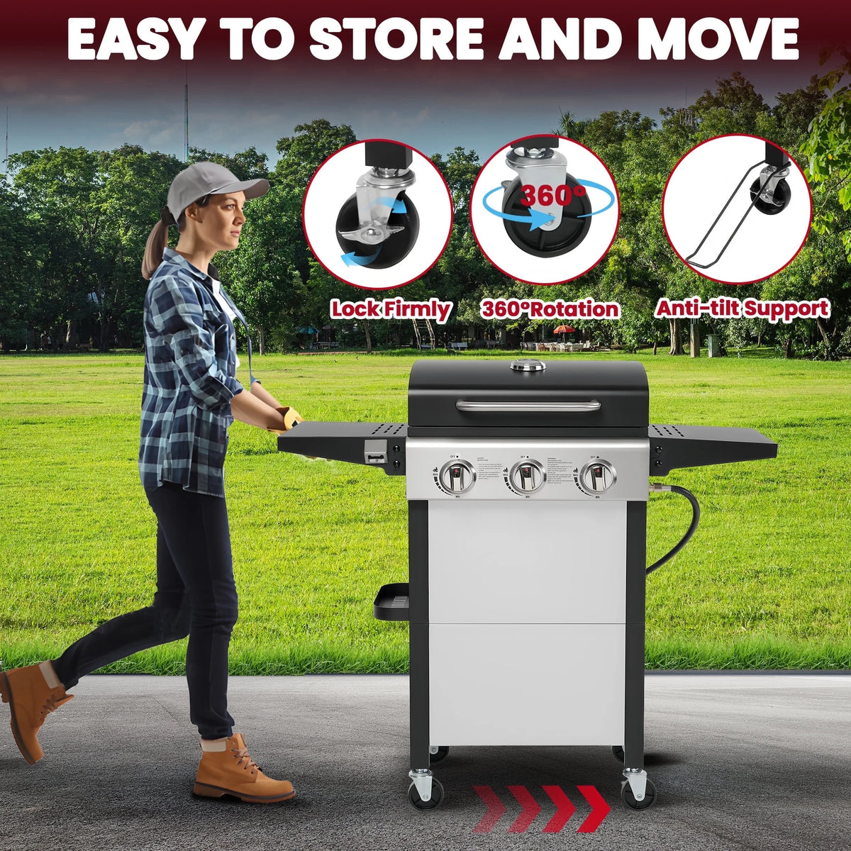 Enyopro 3 Burner Propane Gas Grill, 40, 000BTU Stainless Steel BBQ Grill with Brush, Built - in Thermometer, 4 Universal Wheels for Outdoor Cooking Patio Backyard