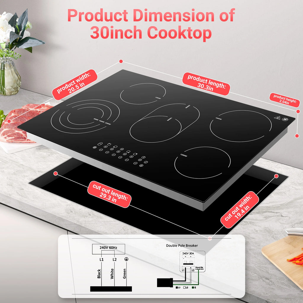 Sunmaki 30 in Electric Stove Cooktop 8500W Built - in Electric Stove Cooktop with 5 Burners, Sensor Touch Control Safety Lock, 220 - 240v, Hard Wire, No Plug