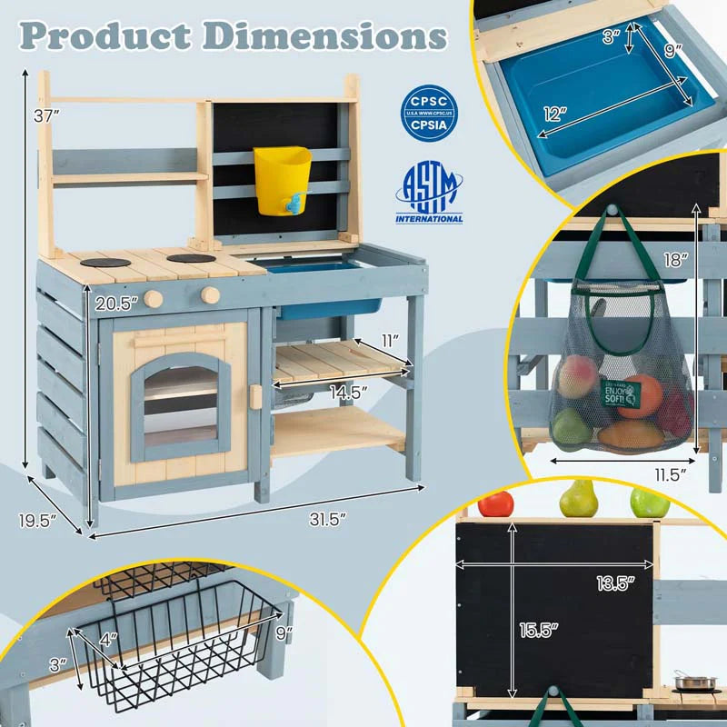 2-In-1 Kids Outdoor Mud Kitchen, Fir Wood Double Sided Kitchen Playset & Grocery Store with Faucet, Removable Sink, Blackboard, Storage Bag & Basket