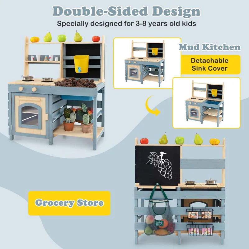 2-In-1 Kids Outdoor Mud Kitchen, Fir Wood Double Sided Kitchen Playset & Grocery Store with Faucet, Removable Sink, Blackboard, Storage Bag & Basket