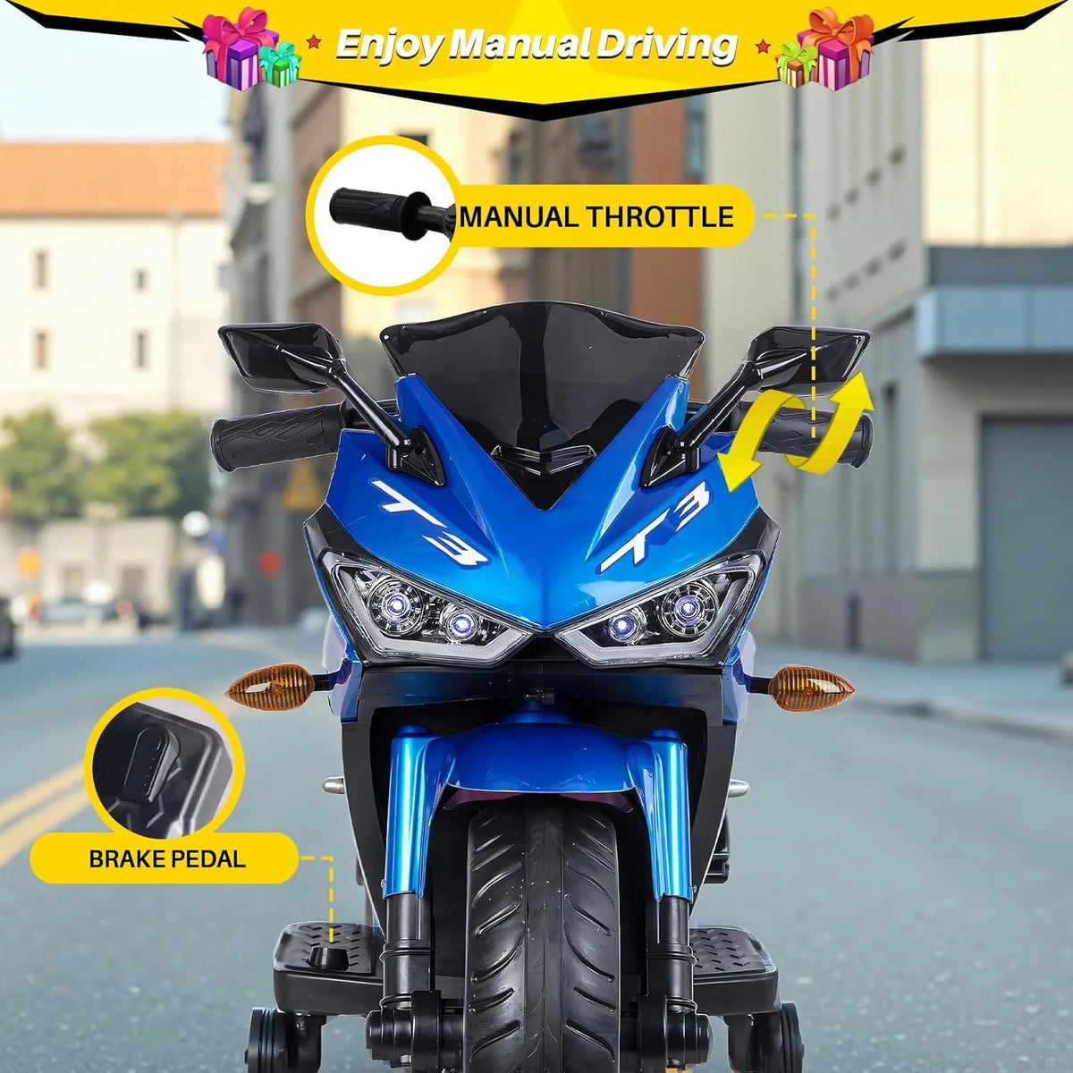 2 Seats Electric Dirt Bike Motorcycle for Kid 3 - 8, 12V Kids Motorcycle with Manual Throttle, Lighting Wheels, Music Function, Max Load 99 lb (Blue)