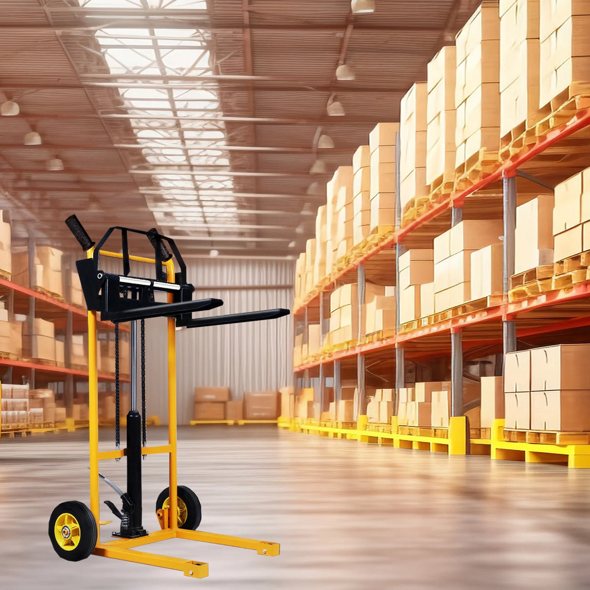 Small Manual Forklift Hydraulic Stacker, Portable Material Lift Truck with Adjustable Forks and Fixed Legs, 440 lb Straight Wheel Stacker Truck (without Pallets)