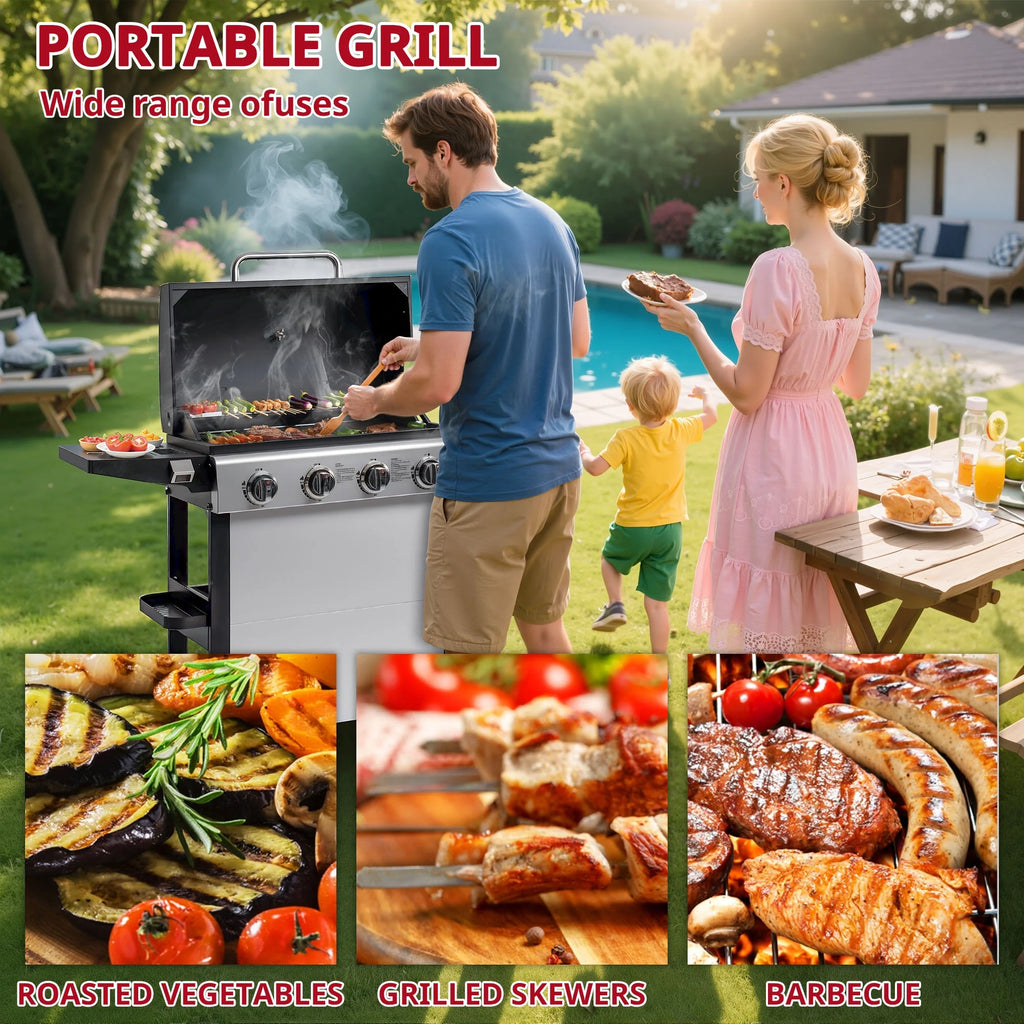 Enyopro 3 Burner Propane Gas Grill, 40, 000BTU Stainless Steel BBQ Grill with Brush, Built - in Thermometer, 4 Universal Wheels for Outdoor Cooking Patio Backyard