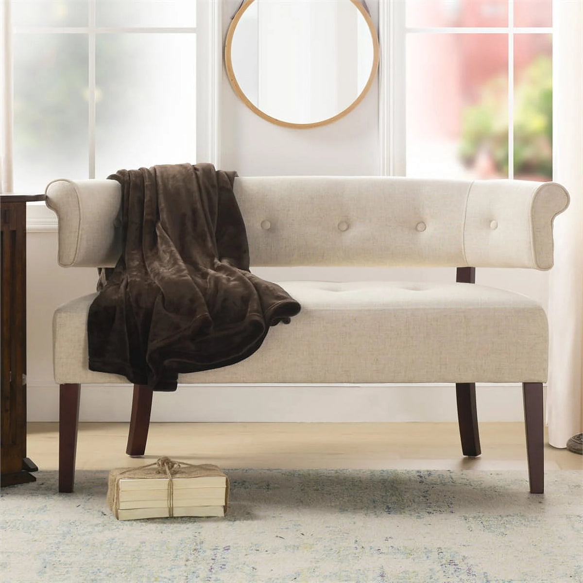 Jennifer Taylor Home Jared Roll Arm Tufted Polyester Fabric Bench, Sky Neutral Beige