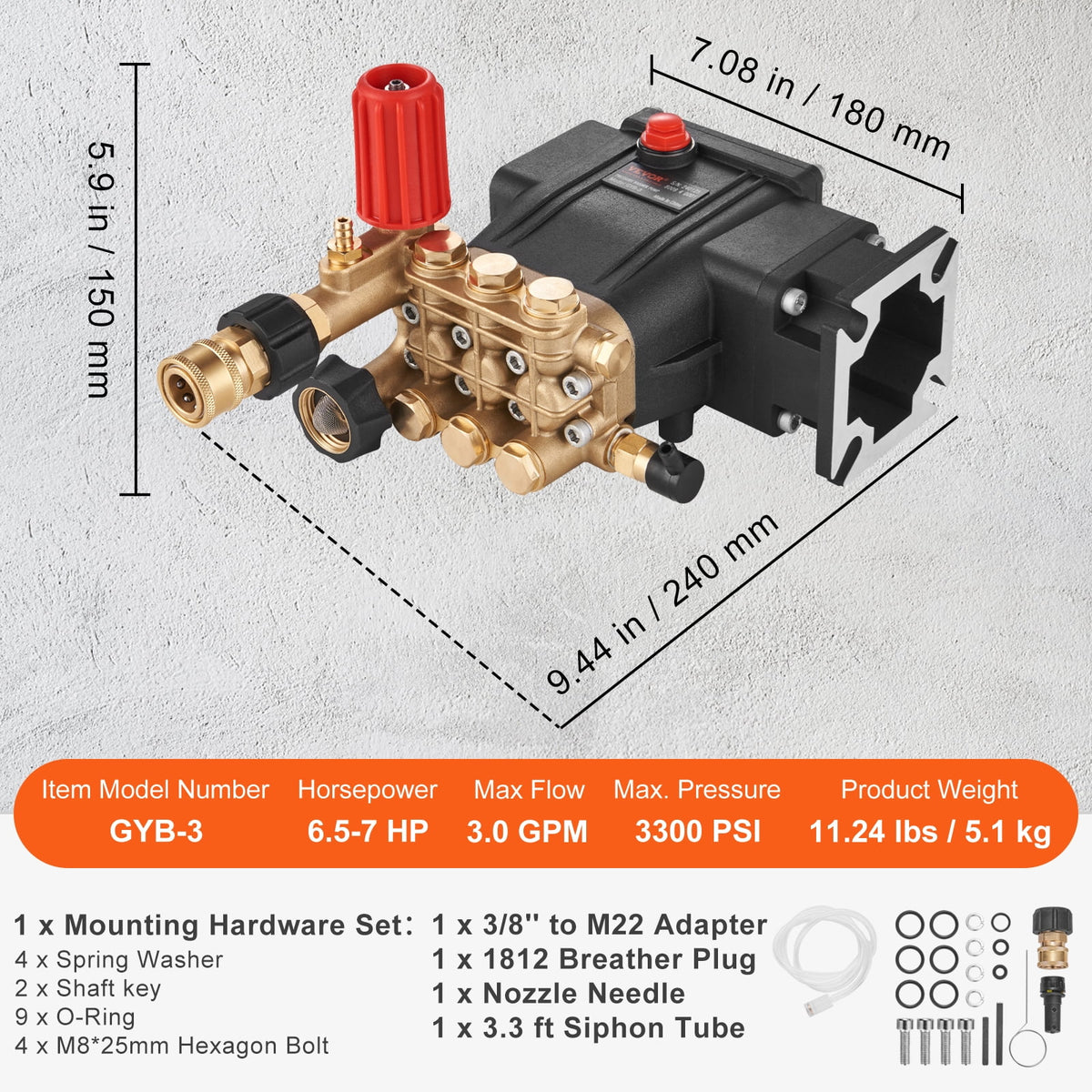 VEVOR Pressure Washer Pump, 3/4" Shaft Horizontal Triplex Plunger, 3700 PSI, 2.5 GPM, Replacement Power Washer Pumps Kit, Parts Washer Pump, Compatible with Simpson Morflex Models 40224, 40225, 40226