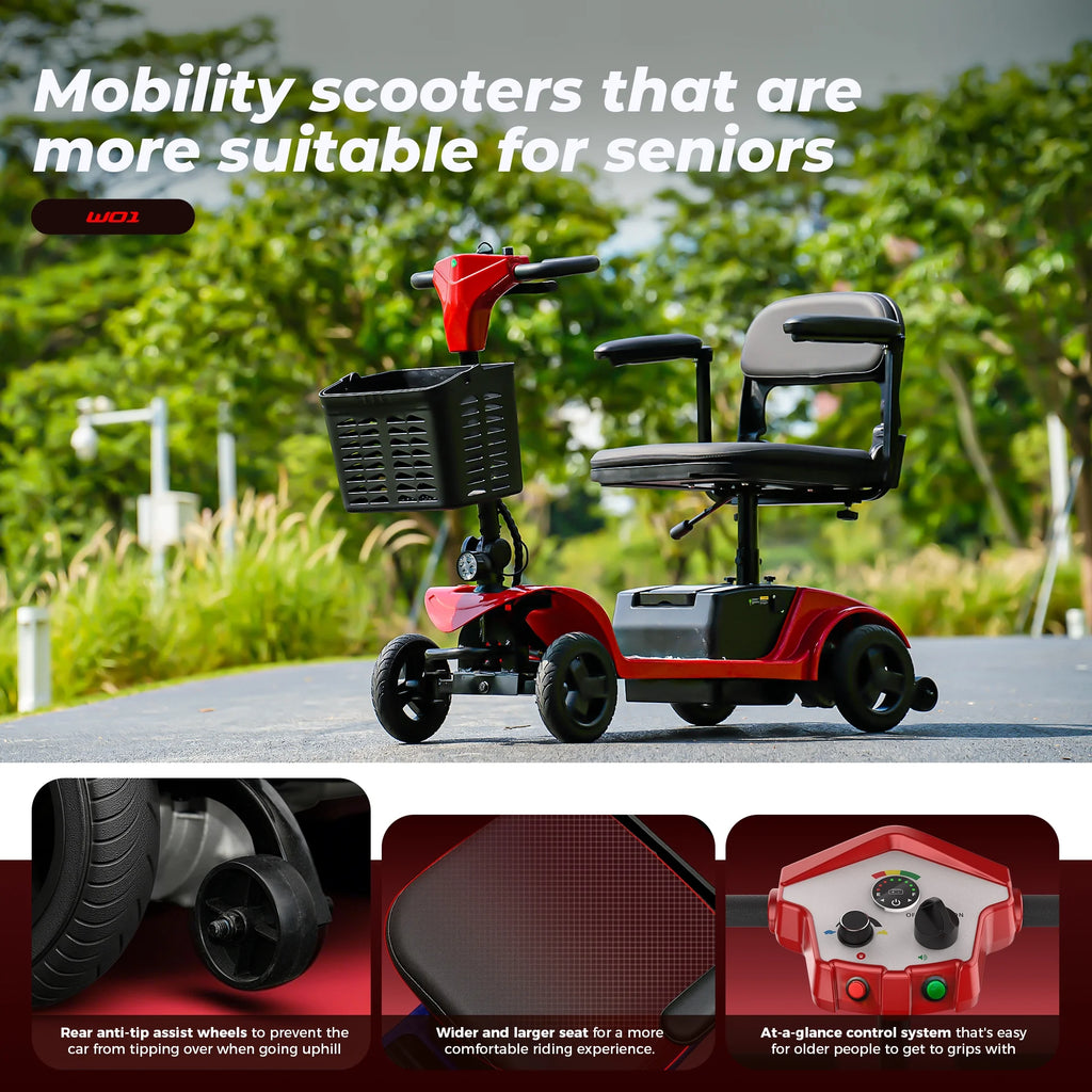 Iscooter 4 Wheel Mobility Scooter for Seniors, Wider Seats & Foldale Electric Wheelchair Device for Travel, Upgraded for Superior Performance, Red