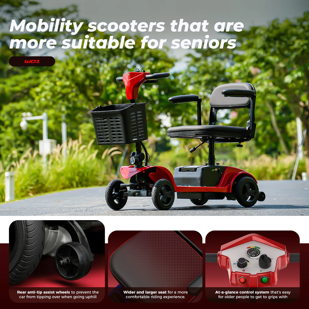 Iscooter 4 Wheel Mobility Scooter for Seniors, Wider Seats & Foldale Electric Wheelchair Device for Travel, Upgraded for Superior Performance, Red
