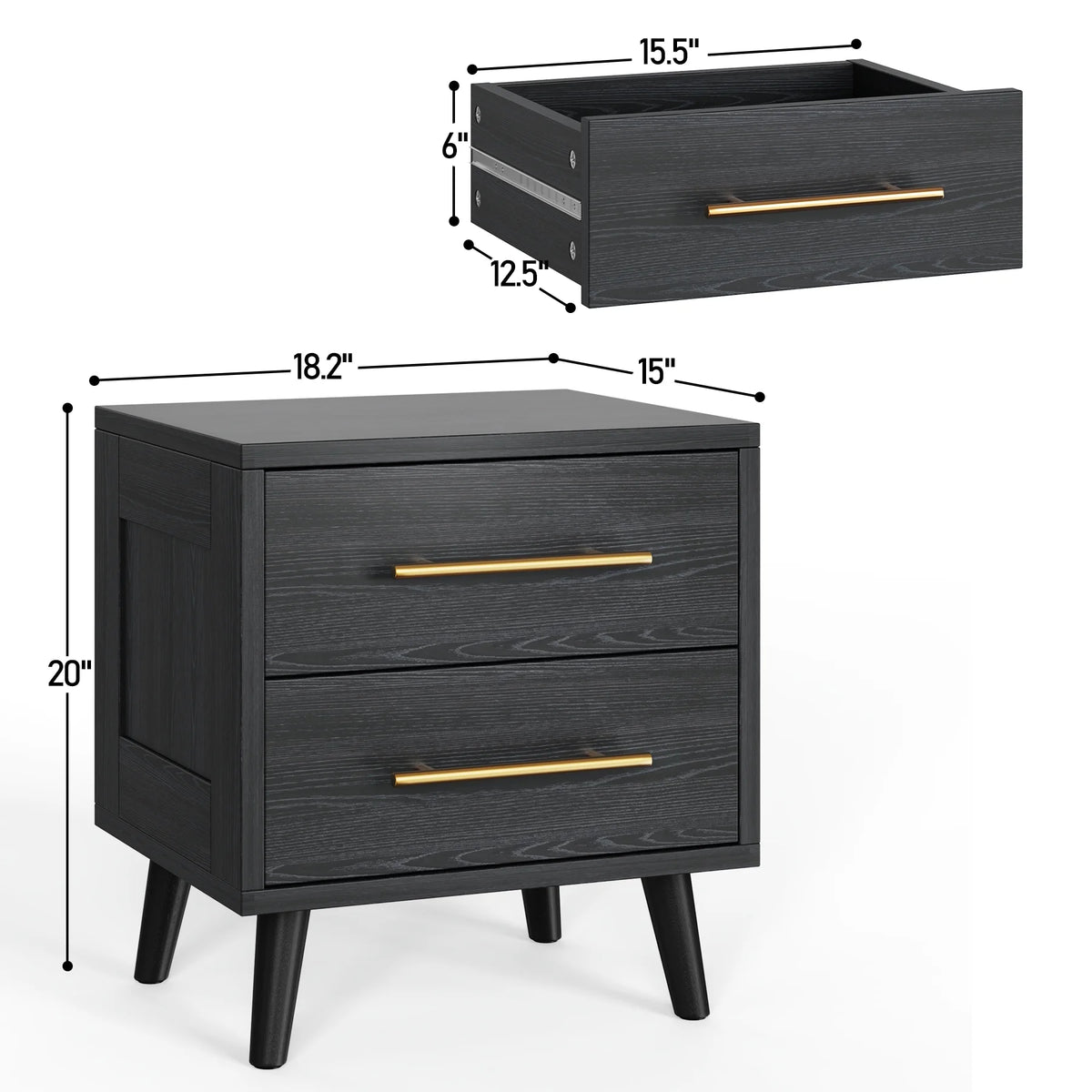 Bedroom Furniture Set - Includes Queen Bed Frame, Nightstands Set of 2, 5 - Drawer Dresser & Double Wide 6 - Drawer Dresser - Modern Storage Solution for Stylish Home Decor, Black