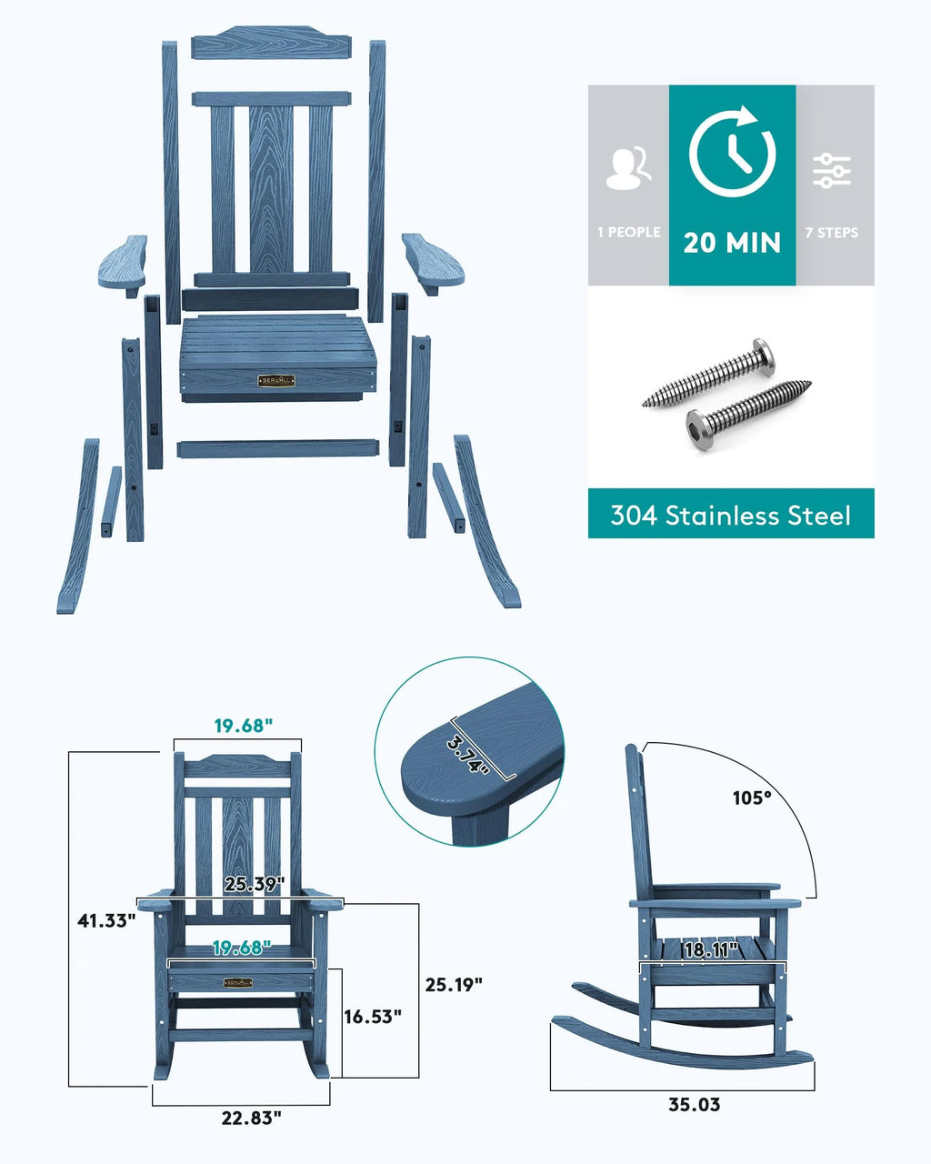 SERWALL Outdoor Rocking Chair Blue Set of 2