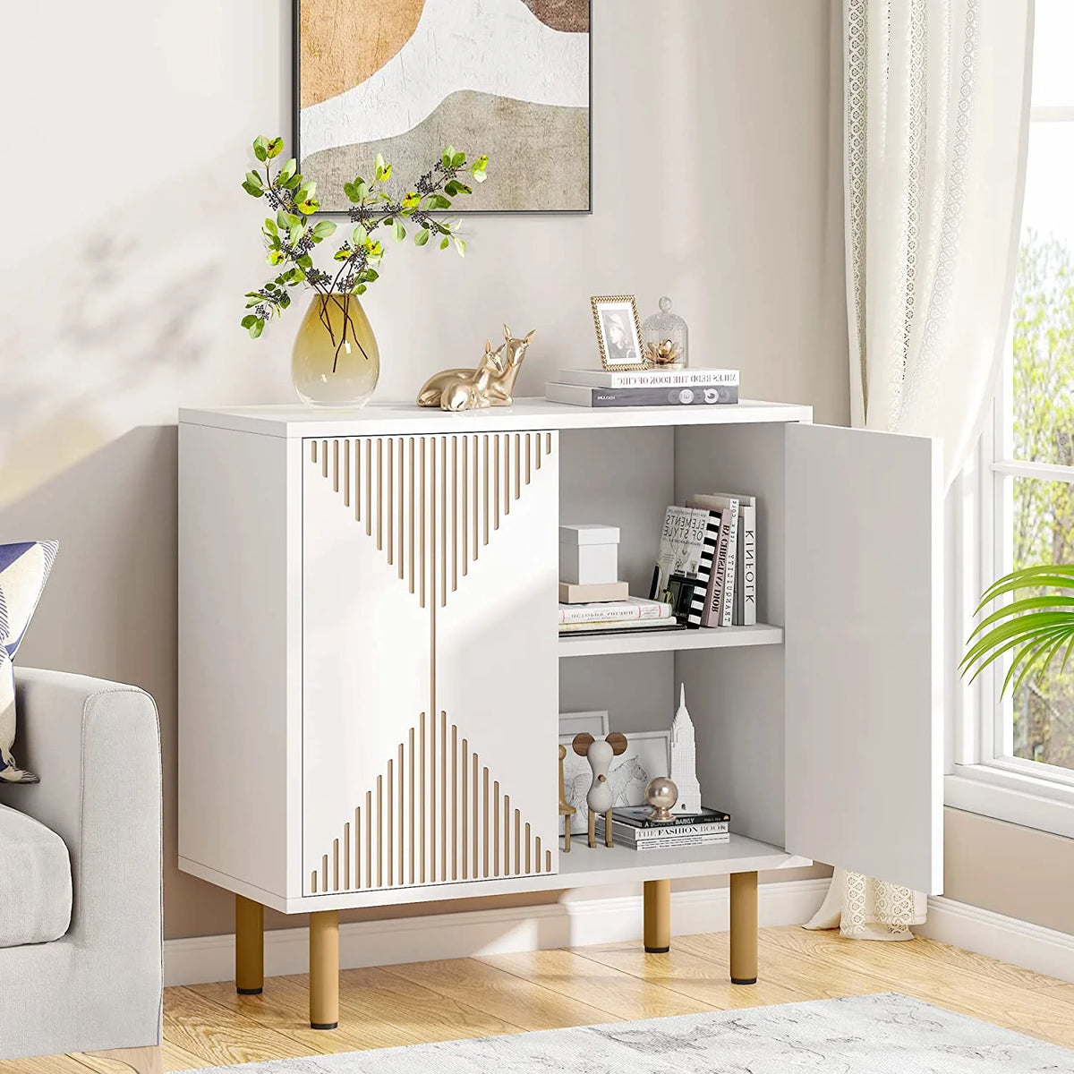 Tribesigns 59" Modern White Storage Cabinet Set, Freestanding Floor Cabinet, Wood Buffet Cabinet with Doors, Large Storage Cabinet for Living Room, Dining Room, Garage