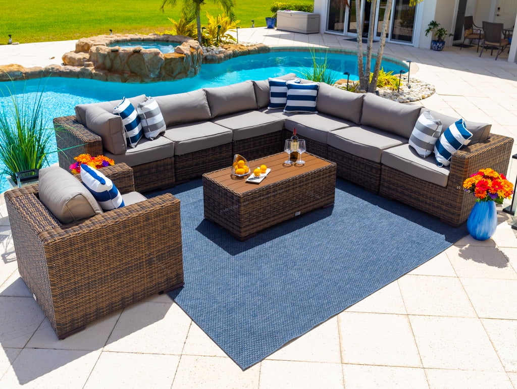 Tuscany 21 - Piece Resin Wicker Outdoor Patio Furniture Combination Set with Sectional Set, Eight - Seat Dining Set, and Chaise Lounge Set (Half - Round Brown Wicker, Polyester Light Gray)