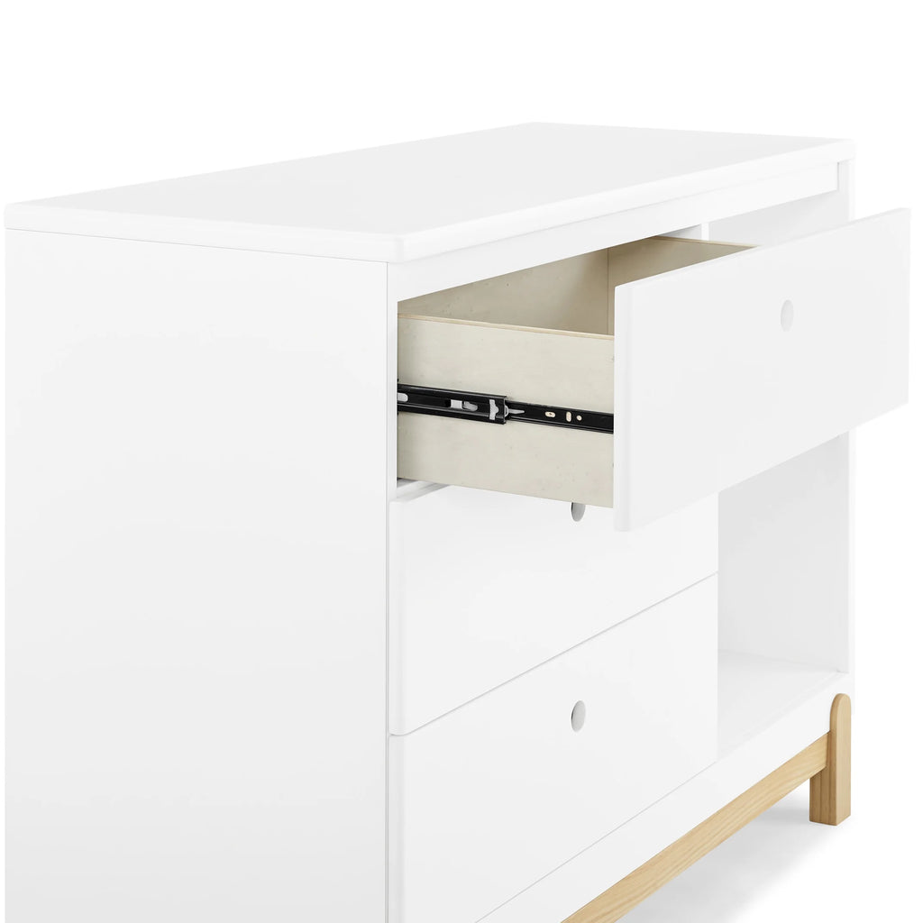 Delta Children Poppy 3 Drawer Dresser with Cubbies and Interlocking Drawers, Bianca White/Natural