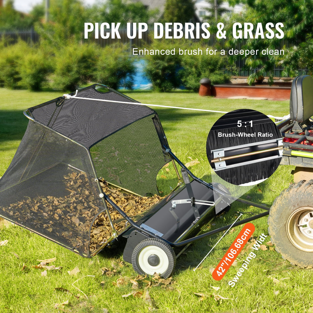 VEVOR 42 - Inch Lawn Sweeper Tow Behind, 12 Cu.ft. Large Pull Behind Grass Sweeper, Heavy Duty Leaf & Grass Collector with Dumping Rope Design, Adjustable Sweeping Height for Picking up Debris & Grass