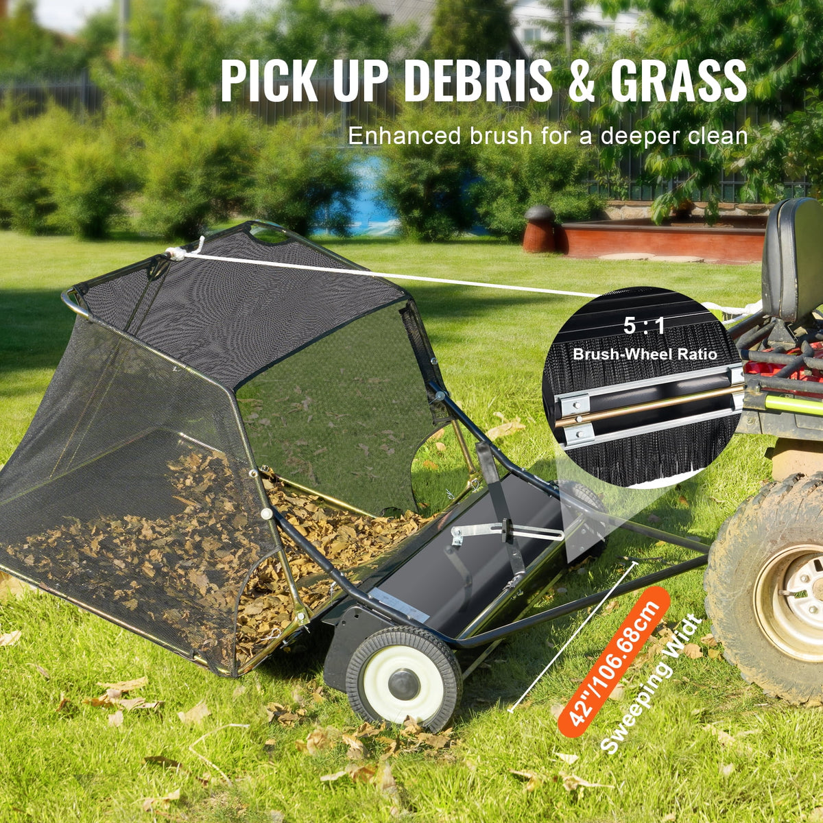 VEVOR 42 - Inch Lawn Sweeper Tow Behind, 12 Cu.ft. Large Pull Behind Grass Sweeper, Heavy Duty Leaf & Grass Collector with Dumping Rope Design, Adjustable Sweeping Height for Picking up Debris & Grass