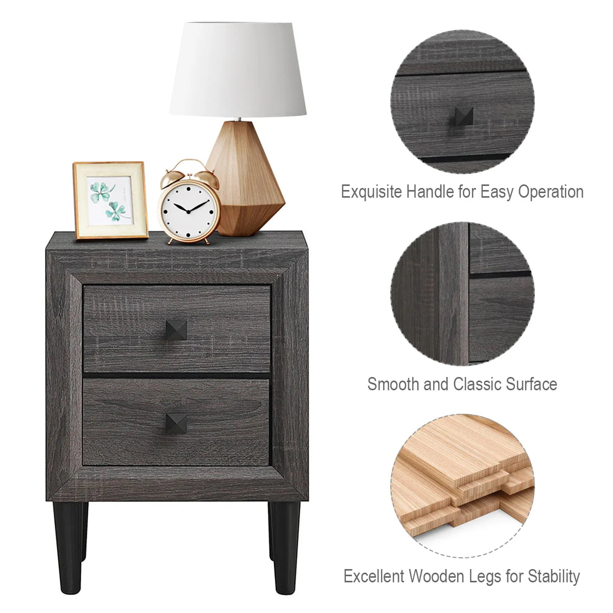 Costway 2PCS Nightstand W/2 Drawer Multipurpose Retro Grey Bedside Table Fully Assembled