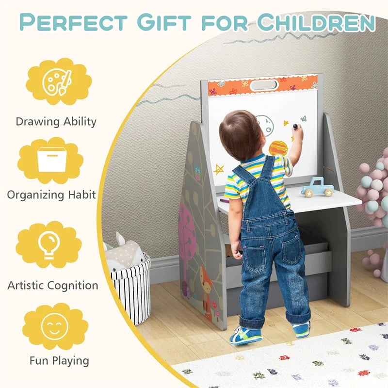 3-in-1 Kids Art Easel with Chair, Wooden Toddler Easel Table & Chair Set w/ Double-Sided Magnetic Whiteboard & Chalkboard, Bookshelf, Storage