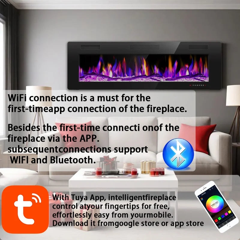36 - Inch Electric Fireplace, Wall - Mounted, Supports Smartphone/App Control, Ultra - Realistic Flames, 1500W Power